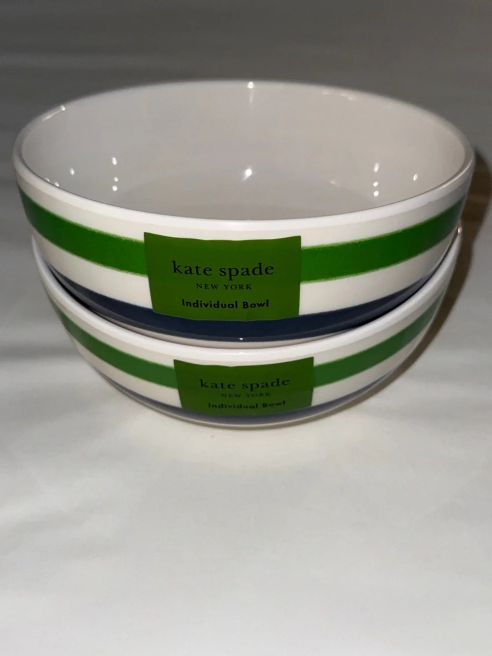 kate spade striped melamine individual bowls in green, navy and white
